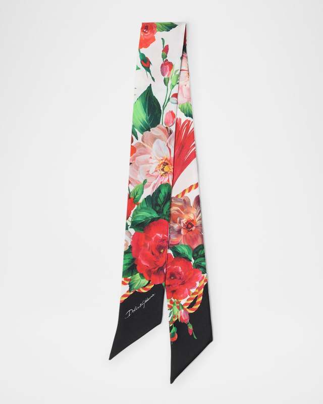 Floral Silk Twill Skinny Scarf